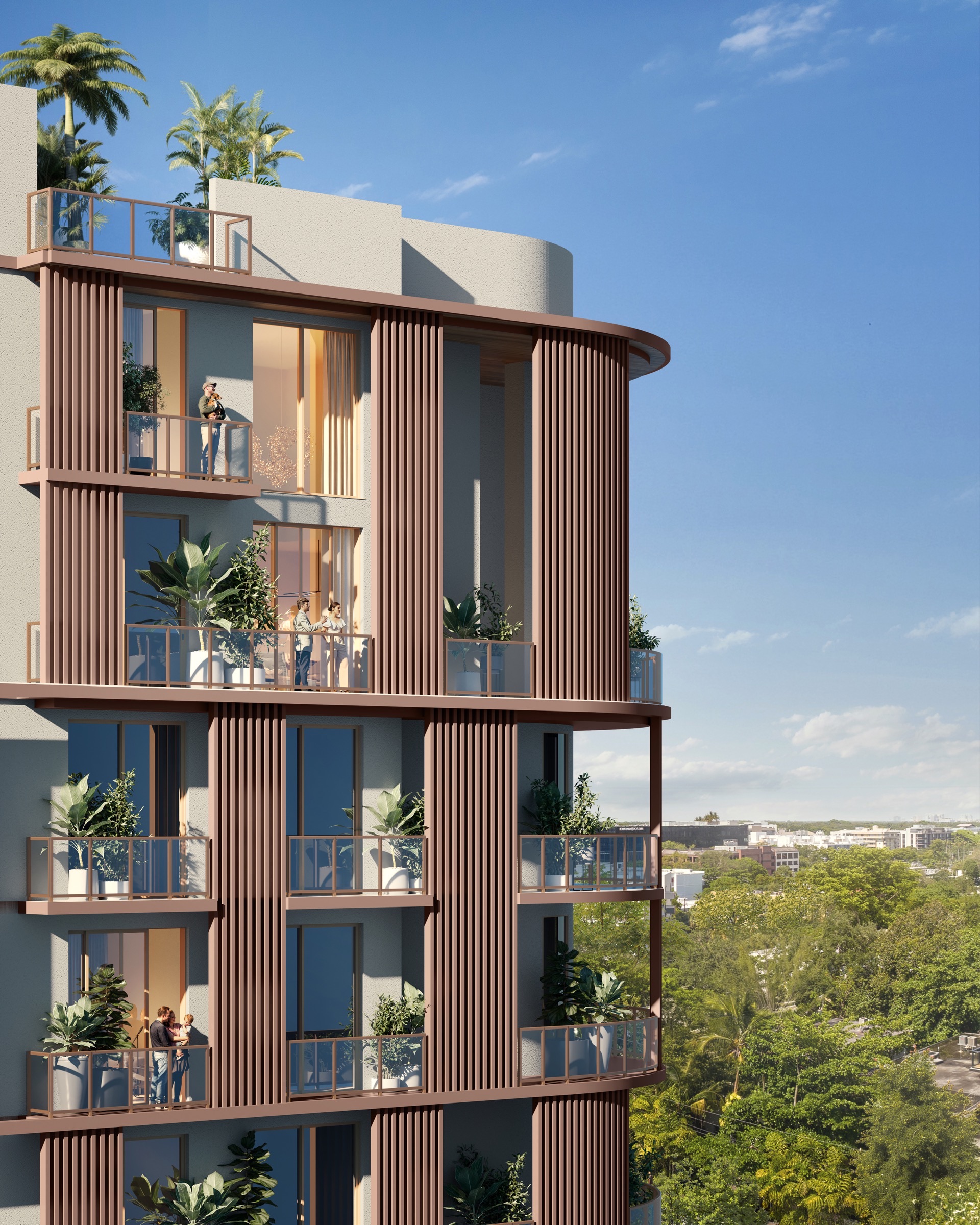 Private balcony at The Lincoln Coconut Grove Residences — glass railings, power outlets for outdoor use, view of the Coconut Grove canopy.