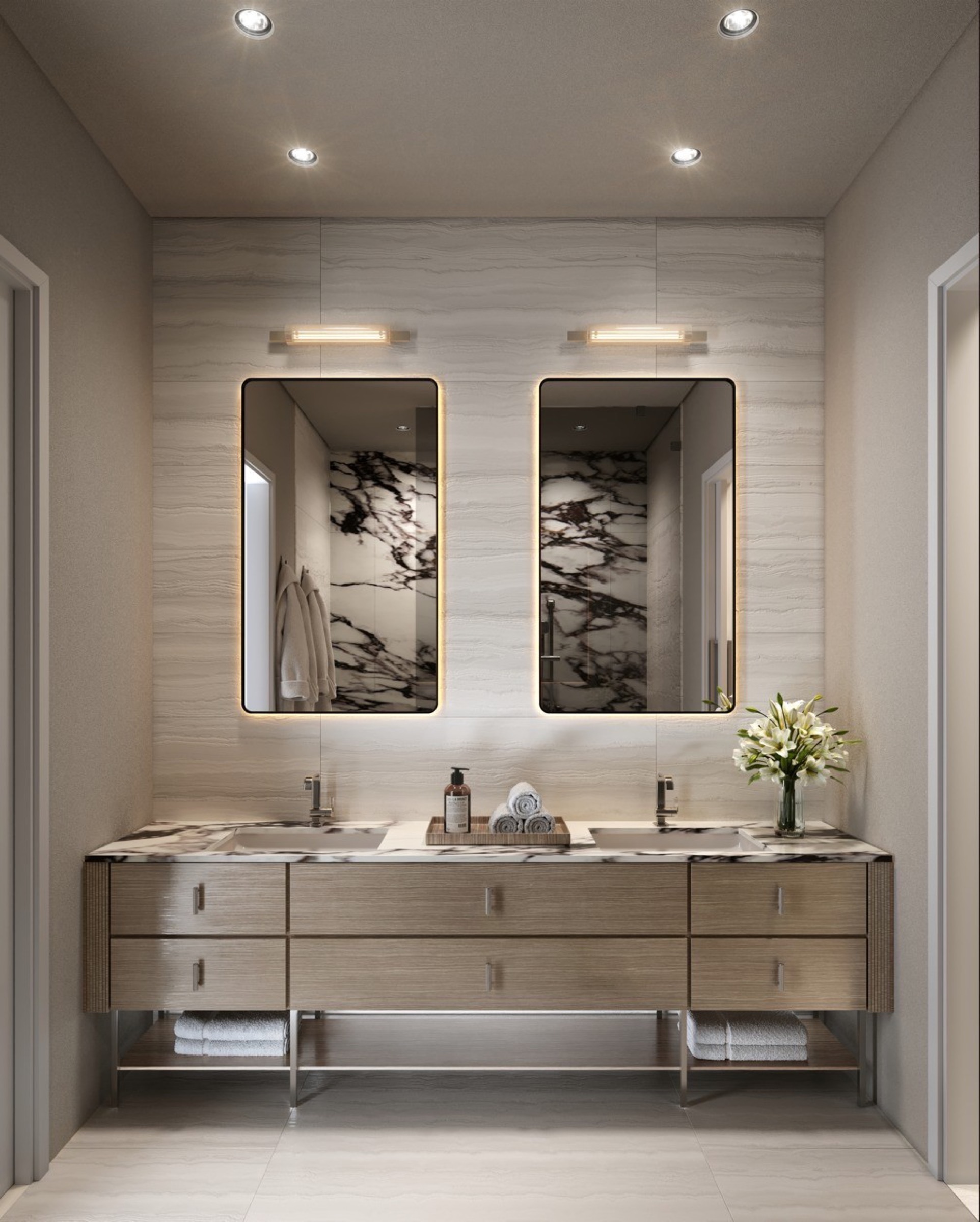 Primary bathroom at The Lincoln Coconut Grove Residences — floor-to-ceiling glass shower, marble countertop, resort-inspired double vanity, Brizo fixtures.