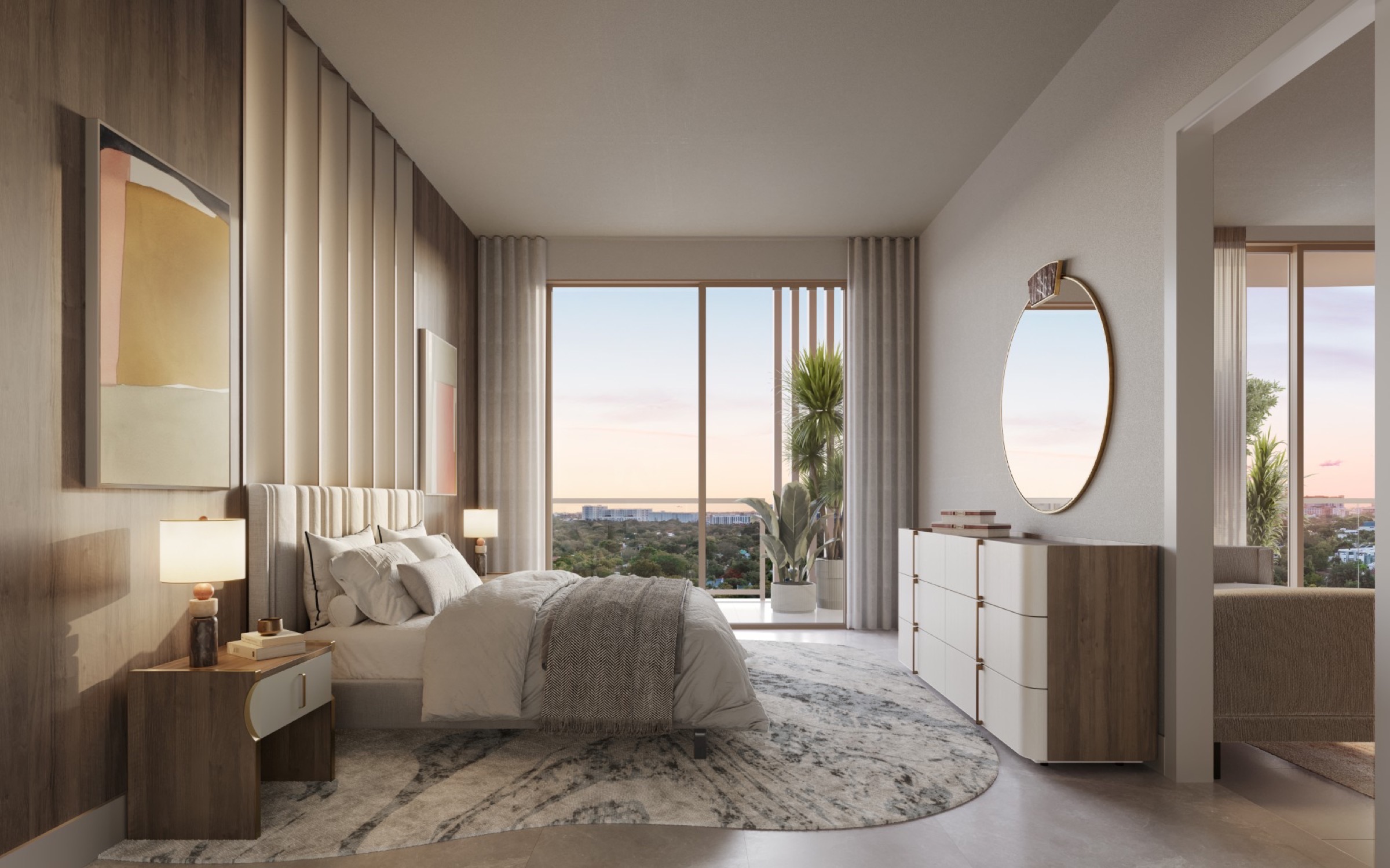 Primary bedroom at The Lincoln Coconut Grove Residences — 11-foot ceilings, expansive walk-in closet, soft tonal palette, light-filled corner exposure.