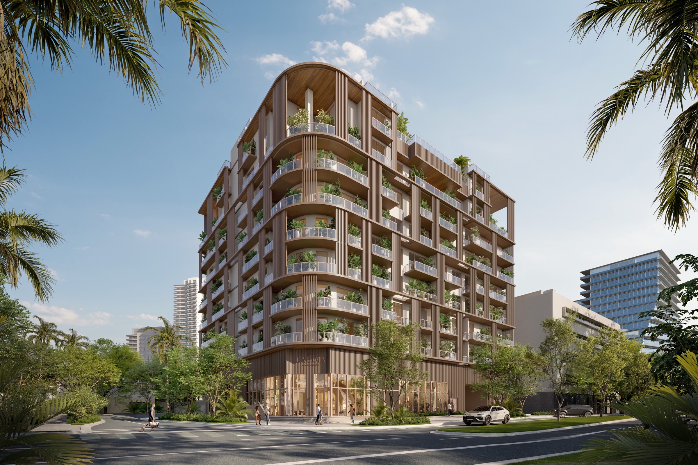 Daytime corner view of The Lincoln Coconut Grove Residences — the contemporary façade rising quietly above the tropical canopy of the Grove.