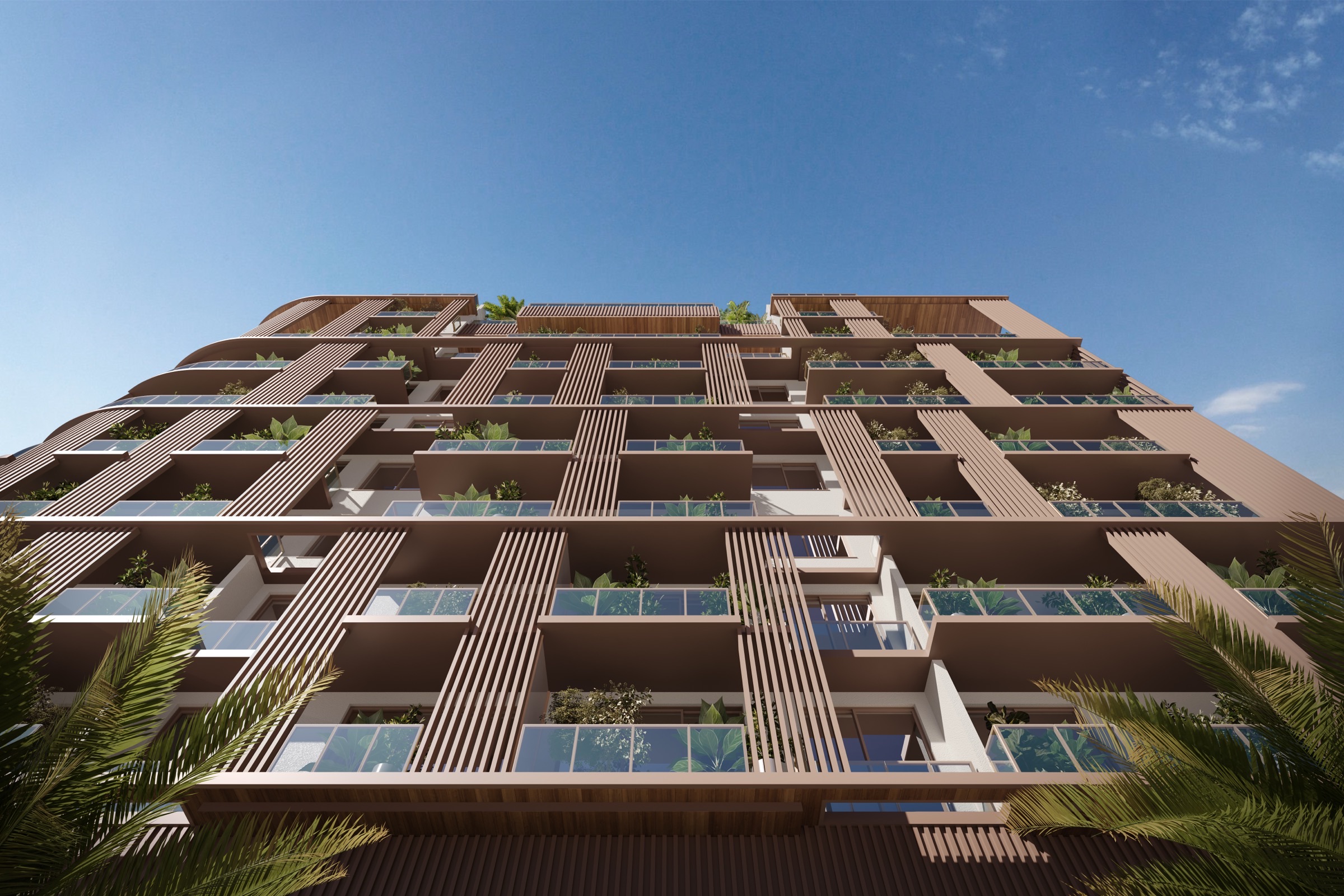 Vertical exterior view of The Lincoln Coconut Grove Residences — a boutique residential tower set among the Coconut Grove canopy.