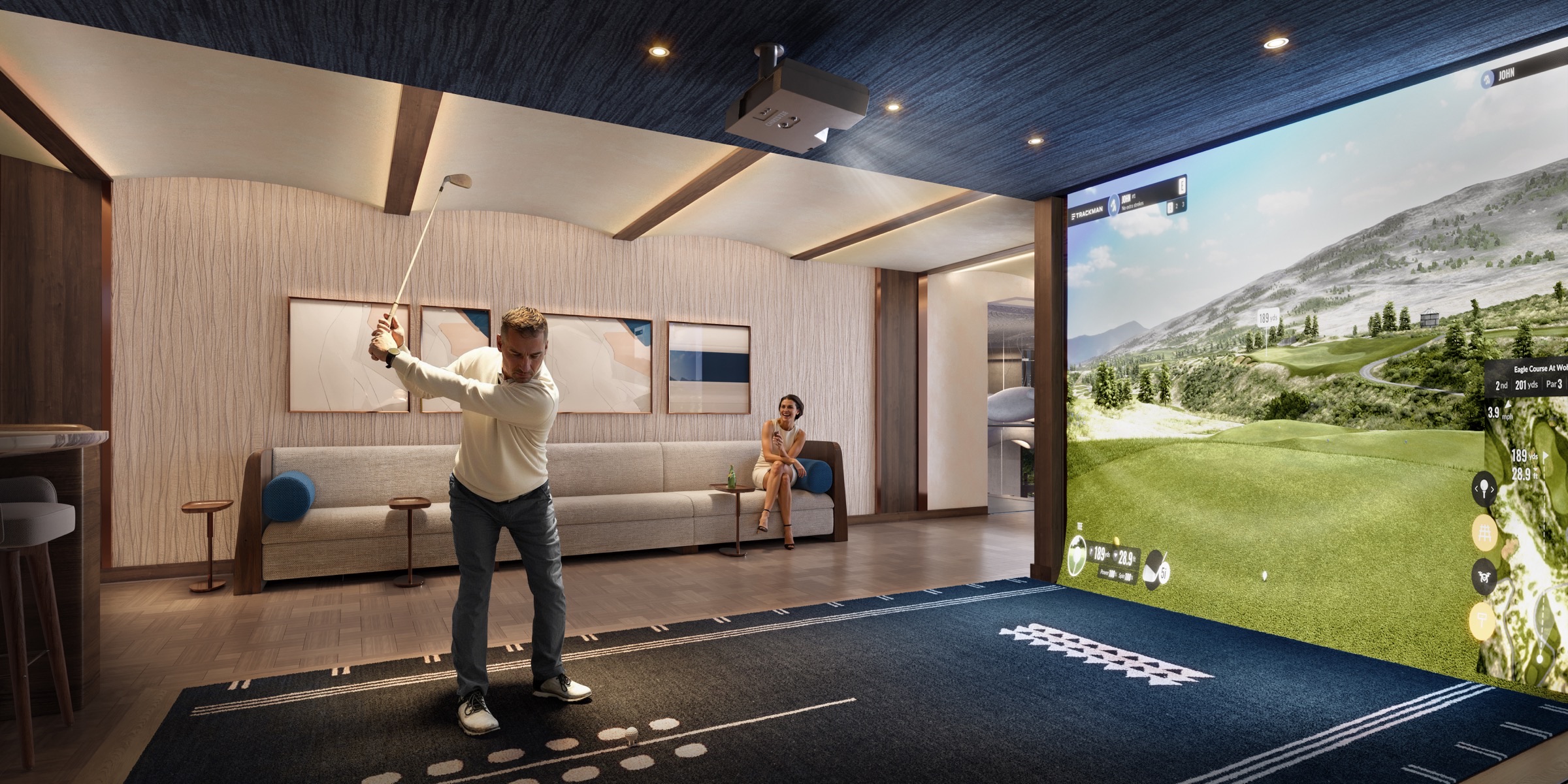 Golf simulator at The Lincoln Coconut Grove Residences — full-swing golf simulator with comfortable lounge seating in a warmly lit private room.