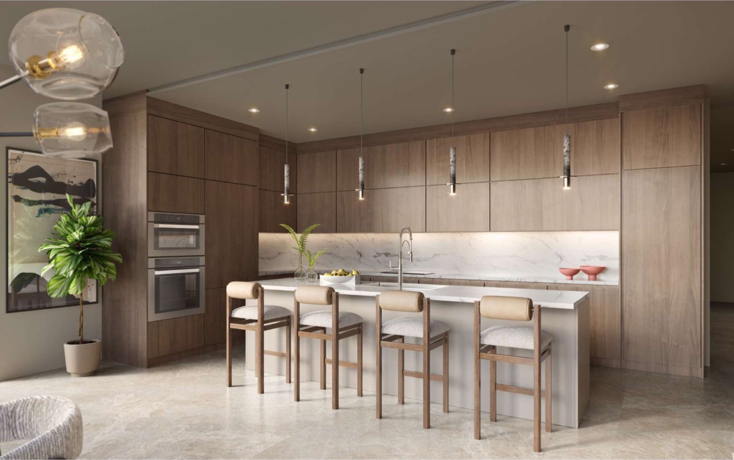Chef-inspired kitchen at The Lincoln Coconut Grove Residences — Snaidero cabinetry, quartz countertops, integrated panelized refrigerator, Miele induction cooktop.