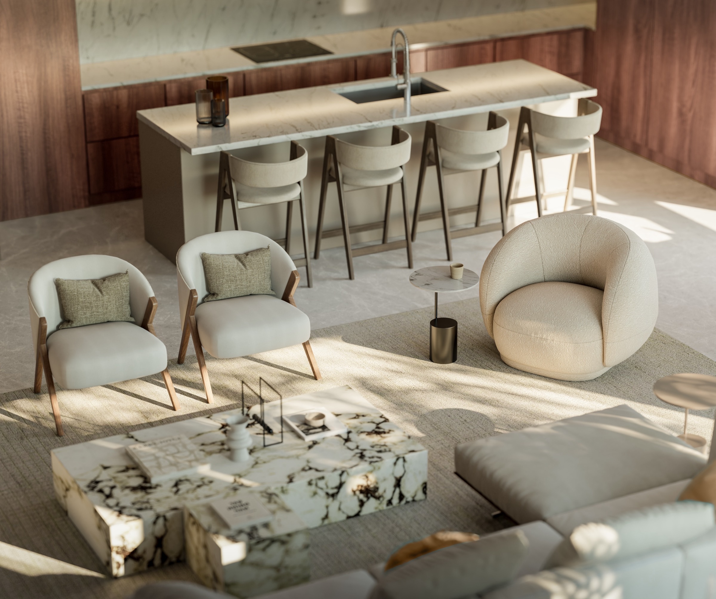 Co-working and media lounge at The Lincoln Coconut Grove Residences — flexible workspace with comfortable seating, lounge area, and large island for shared work or casual entertaining.
