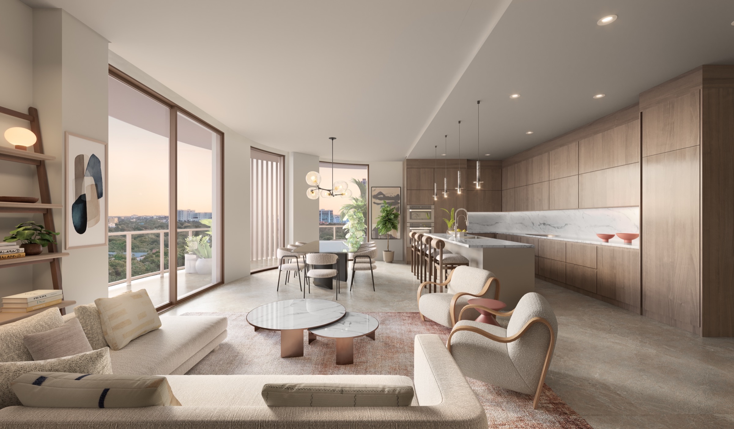Open living and kitchen at The Lincoln Coconut Grove Residences — Snaidero Italian cabinetry, 10-foot quartz island, full Miele appliance suite.