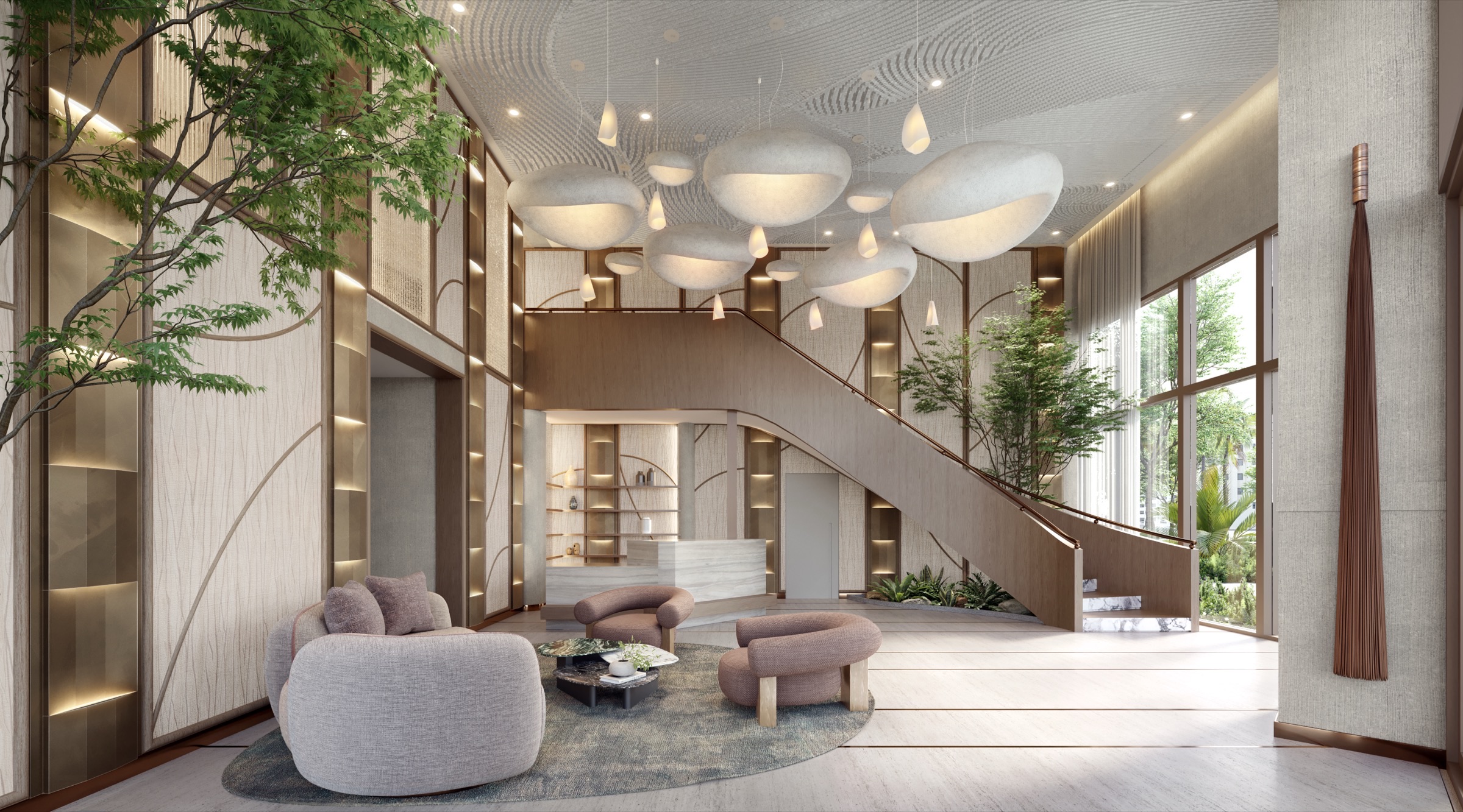 Residential lobby at The Lincoln Coconut Grove Residences — Design Philosophy interiors with warm walnut millwork, tactile stone walls, and soft ambient lighting.