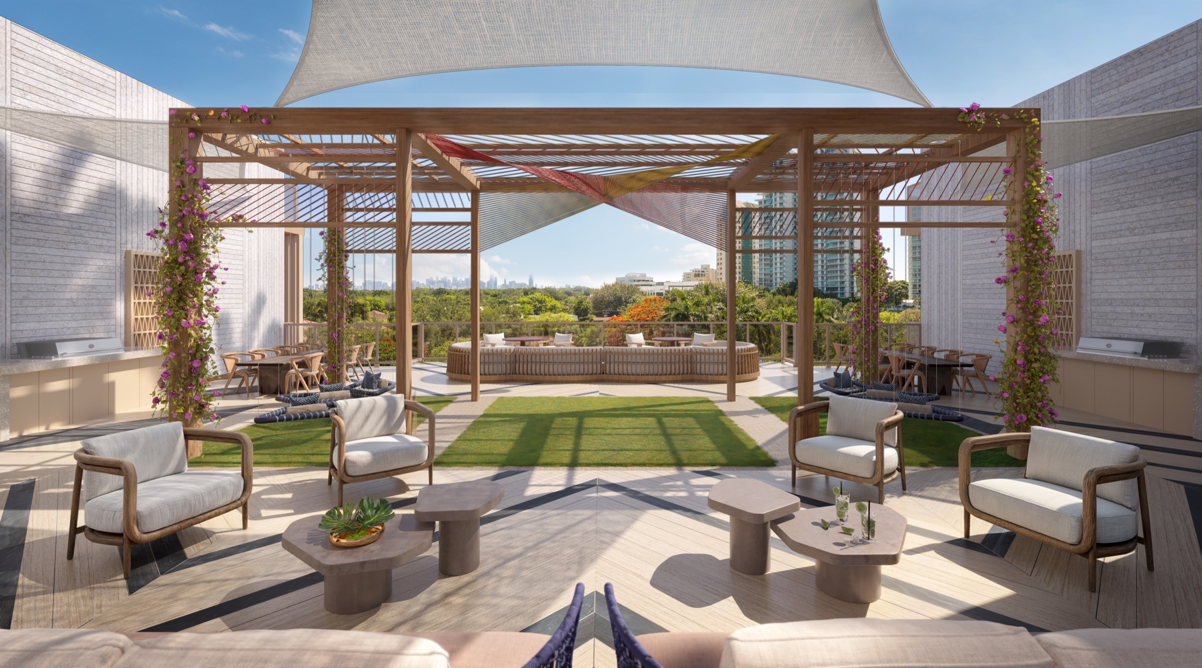 Rooftop lounge at The Lincoln Coconut Grove Residences — outdoor seating area perfect for private events and casual entertaining.
