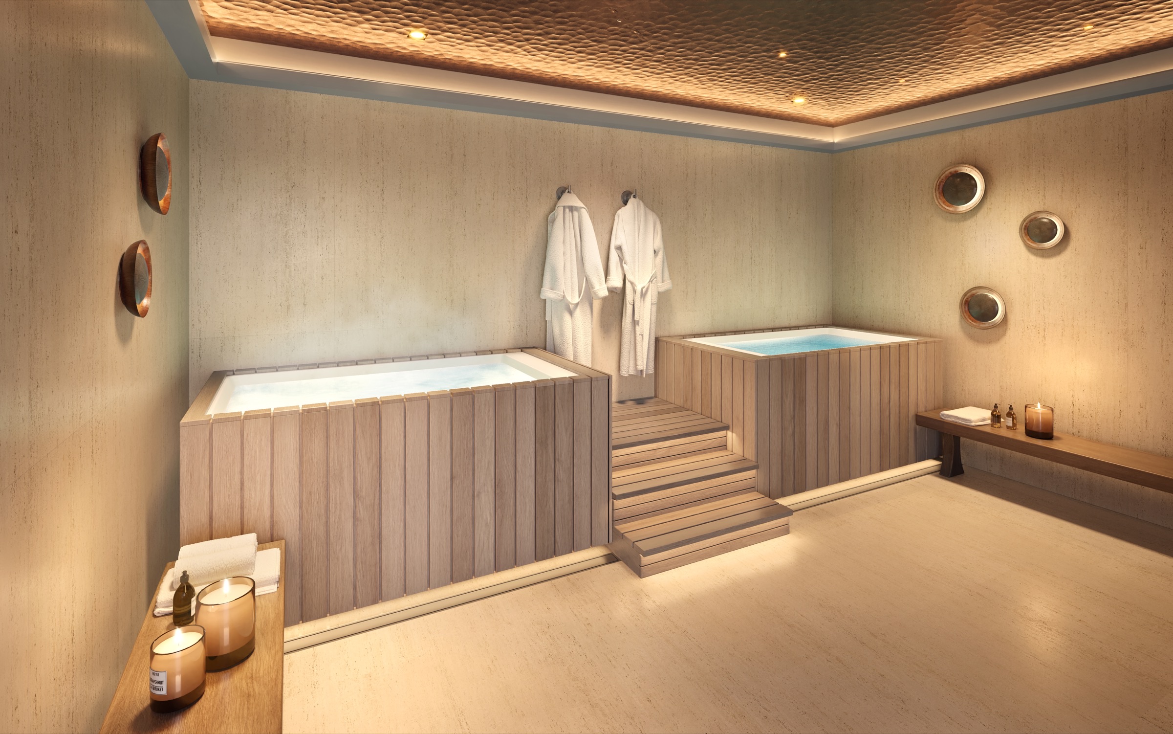 Spa at The Lincoln Coconut Grove Residences — Zen-inspired treatment area with soft natural light, warm walnut, and tactile stone walls.