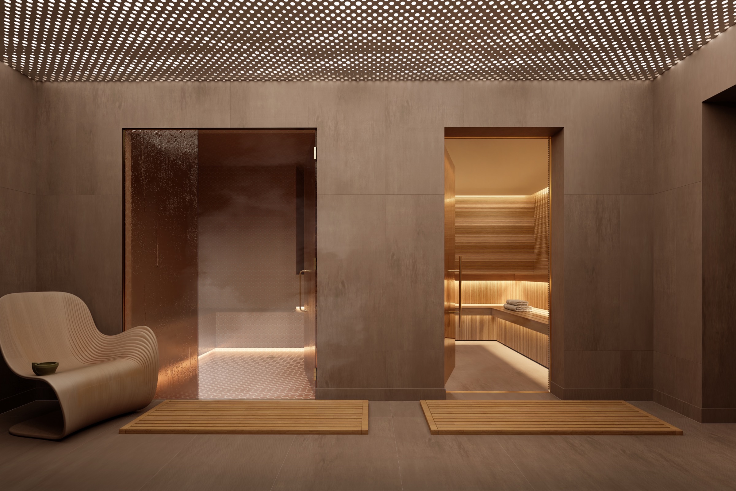 Sauna at The Lincoln Coconut Grove Residences — Finnish-style cedar sauna with bench seating and warm ambient lighting.