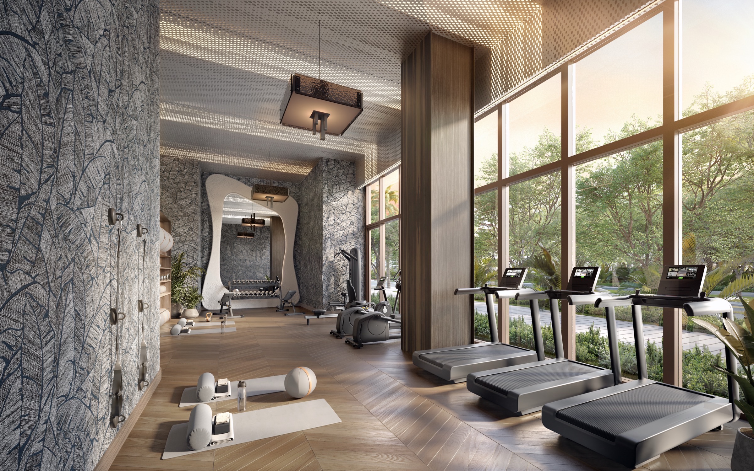 Gym training studio at The Lincoln Coconut Grove Residences — open training area with mirrored wall, free weights, and functional fitness equipment.