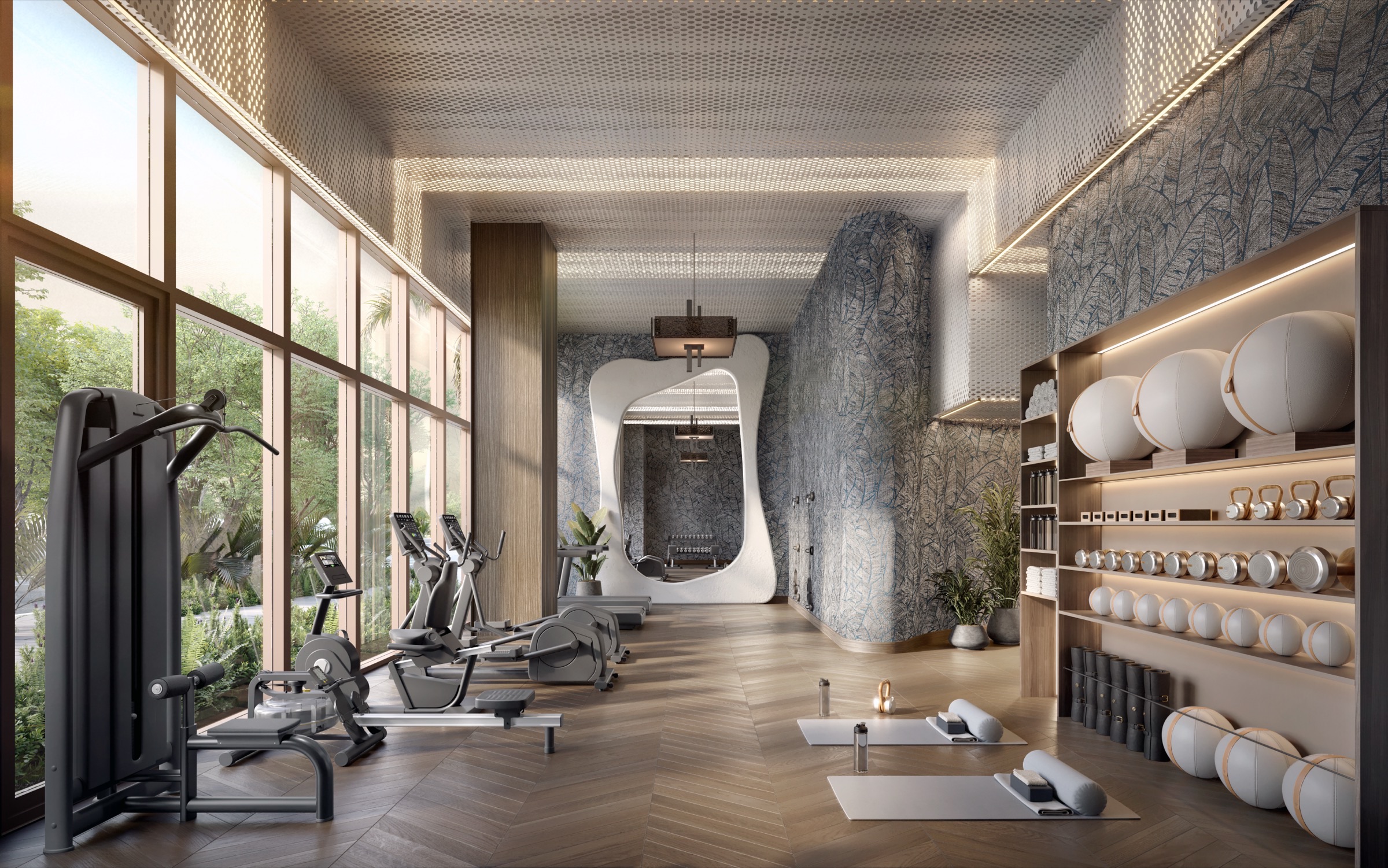 Fitness center at The Lincoln Coconut Grove Residences — state-of-the-art gym with cardio and weight equipment, natural light, panoramic views of the Grove.
